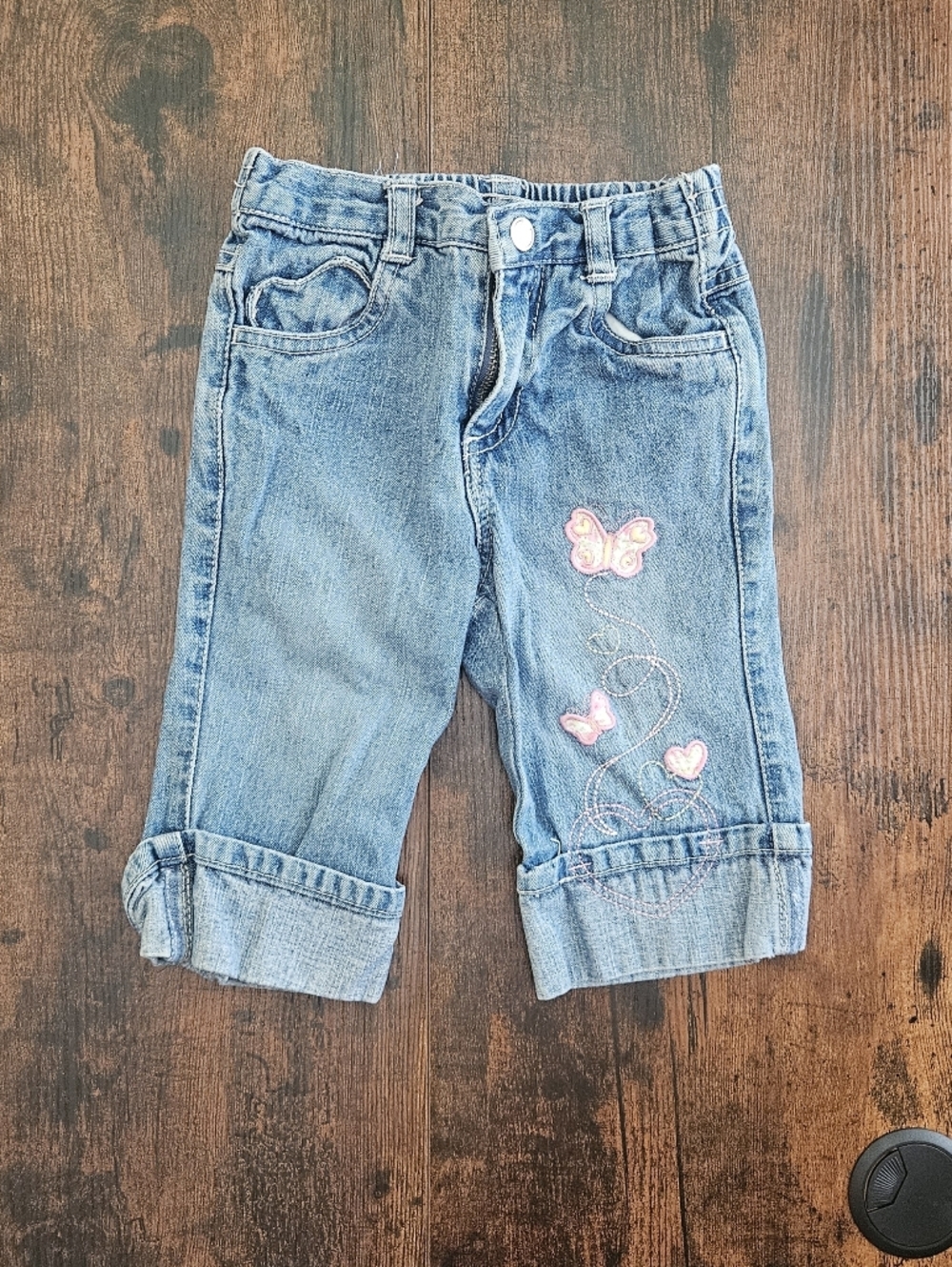 Y2K Faded Glory Light Blue Denim Capri Pants with Pink Embroidery Size 18M